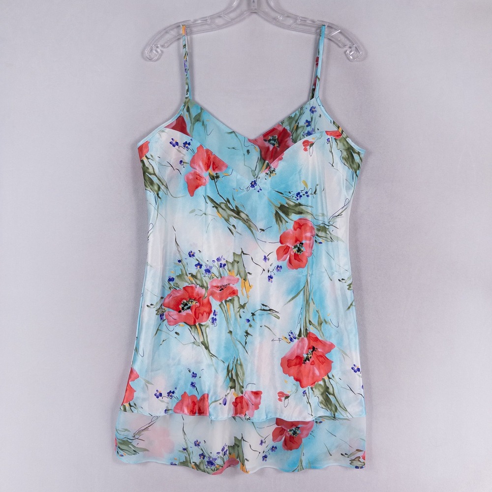 Private Luxuries Chemise Nightgown Womens Large Blue Watercolor Floral Satin